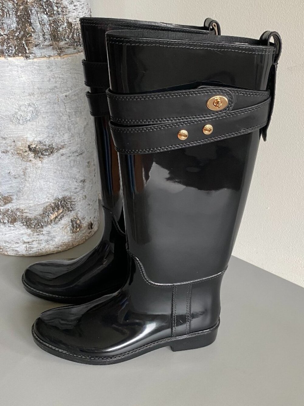 Coach Talia Black Glossy Tall Rain Boots Gold Hardware Sz 7